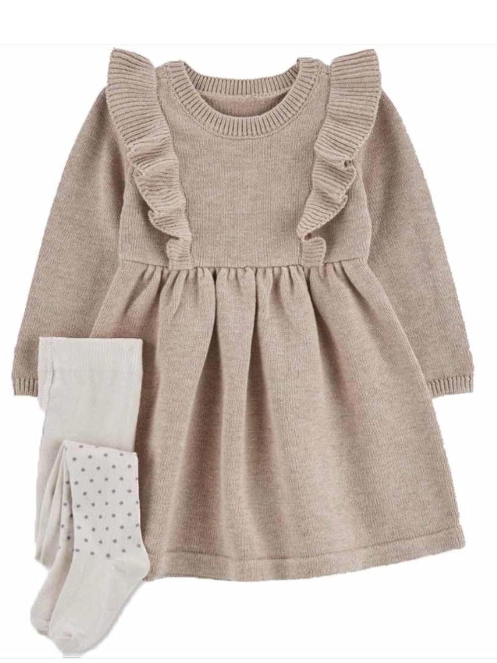 NWT Carter's Beige Knit Ruffle Dress with Cream Tights